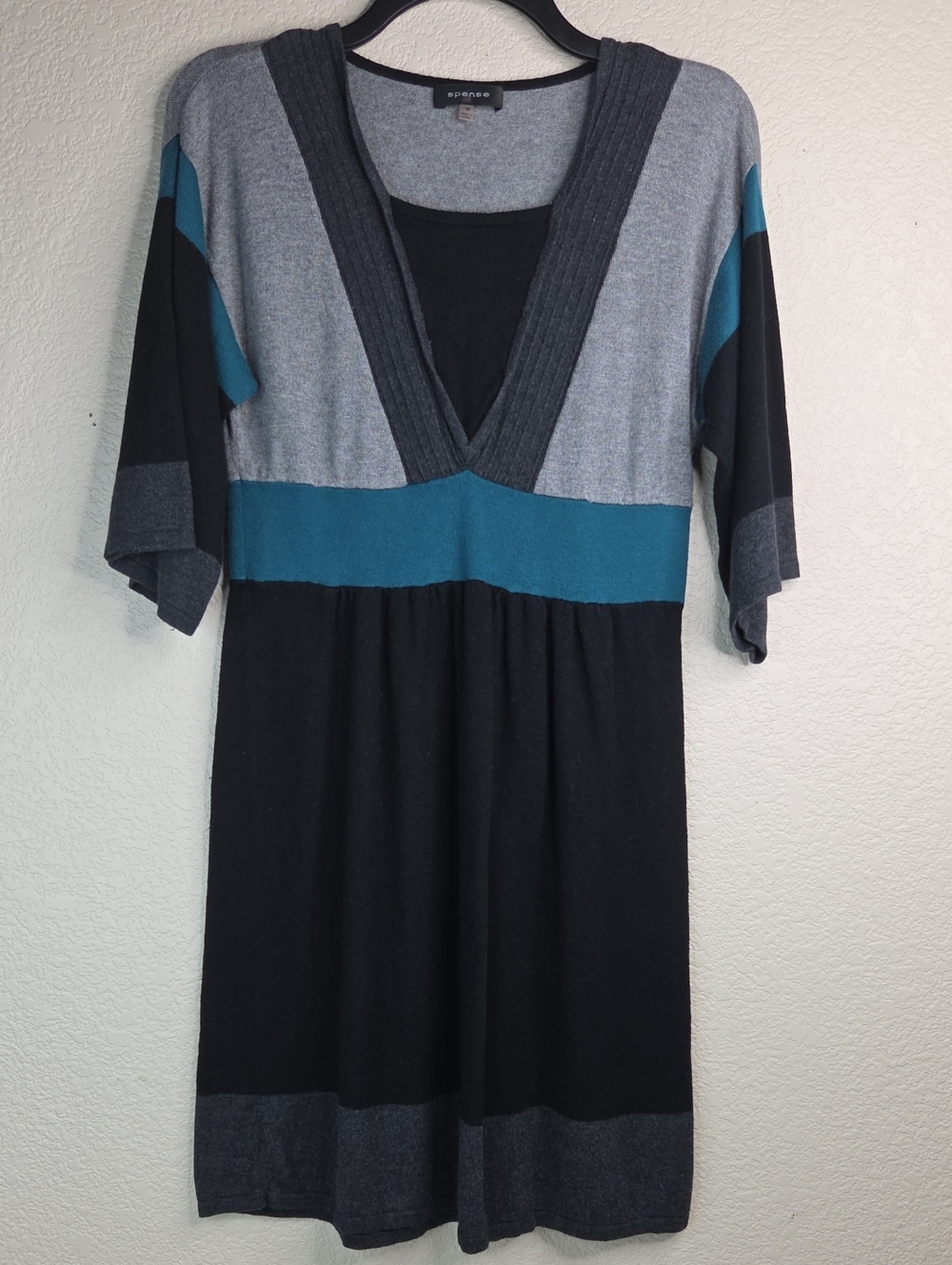 Spense Teal, Black & Gray V-Neck Midi Dress
